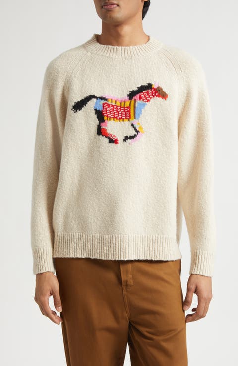 Glacier Horse Intarsia Slub Cashmere Crewneck Sweater