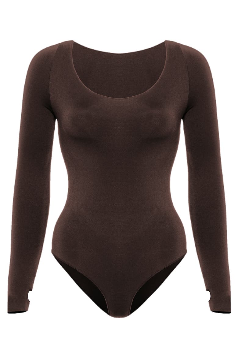 Scoop Neck Long Sleeve Bodysuit, Alternate, color, Espresso