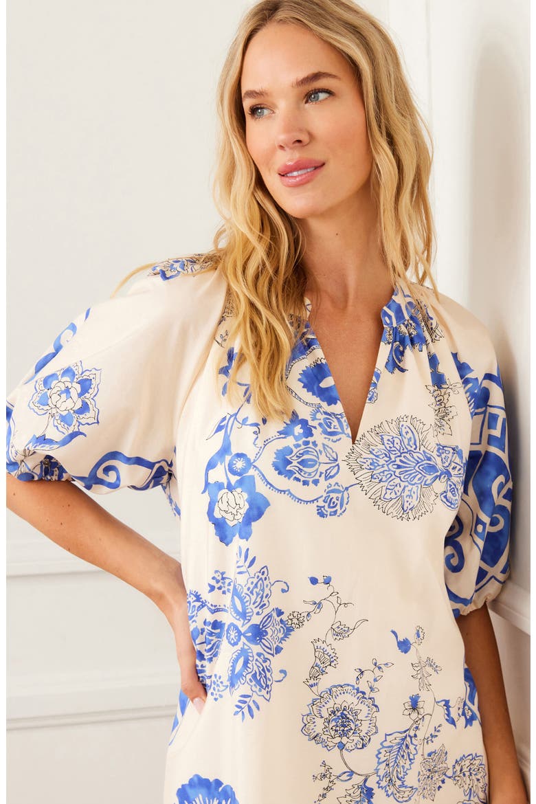 Puff Sleeve Cotton Peasant Minidress, Alternate, color, WHITE/ BLUE PRINT