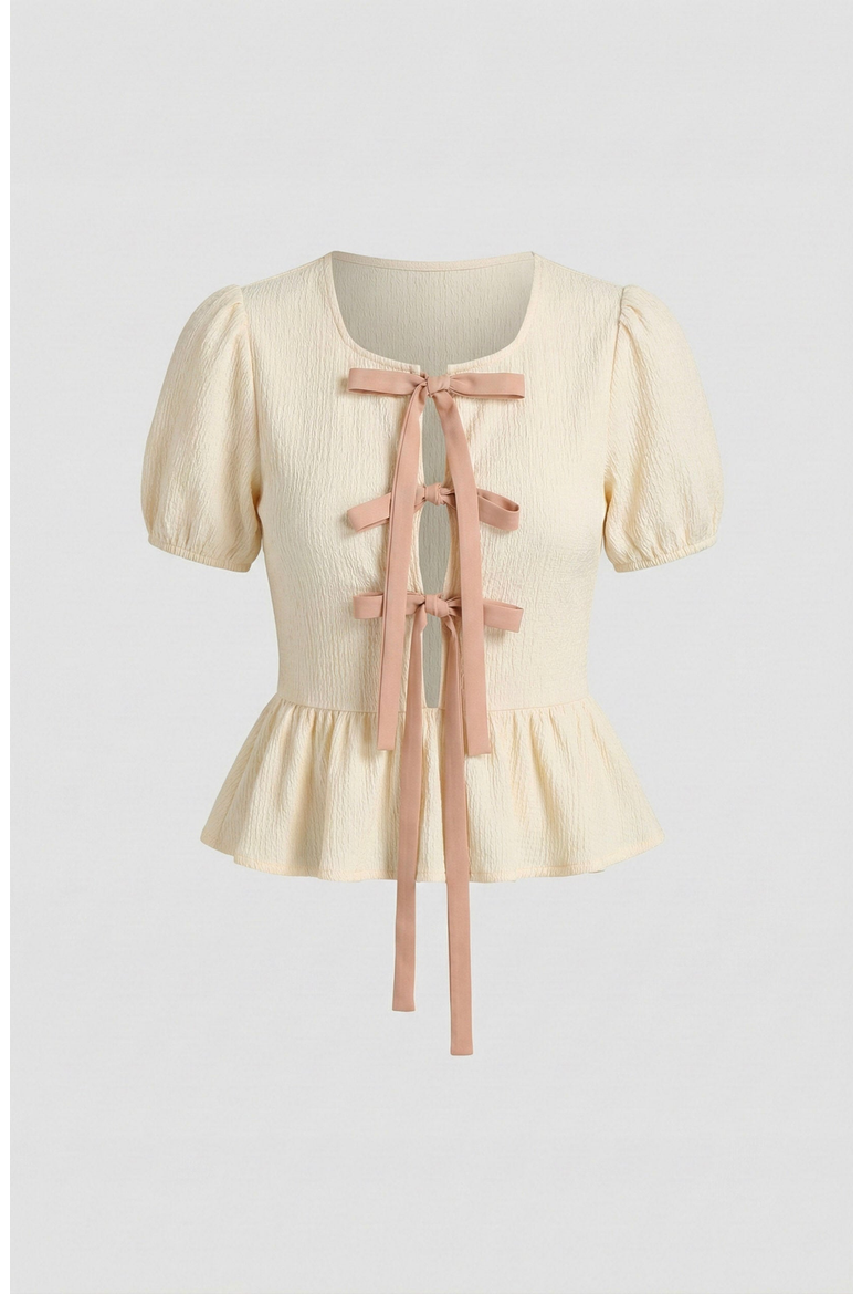 Puff-Sleeve Bow-Tie Front Peplum Blouse, Alternate, color, Cream
