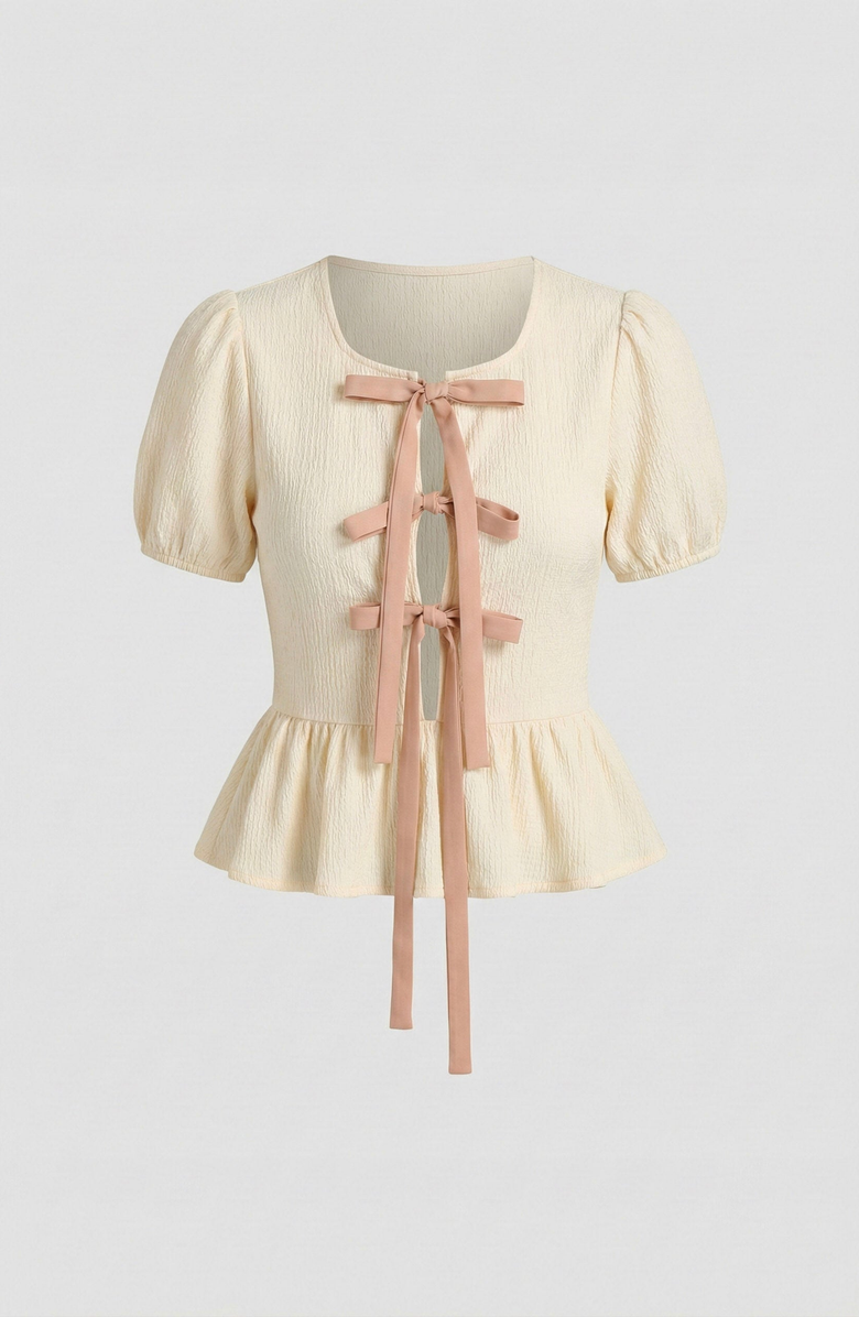Modenaire Puff-Sleeve Bow-Tie Front Peplum Blouse, Alternate, color, Cream