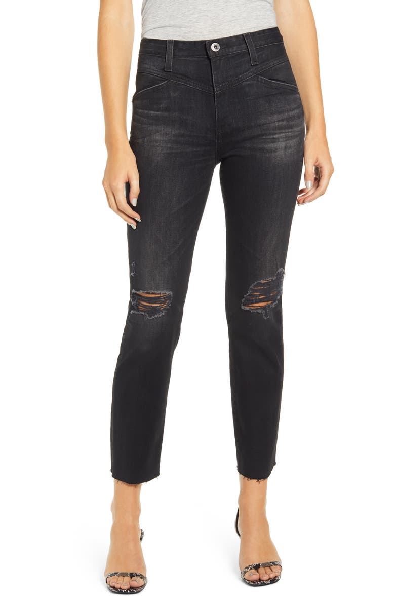 AG Isabelle X High Waist Ripped Raw Hem Ankle Jeans, Main, color, 2Yrs Distinct Black