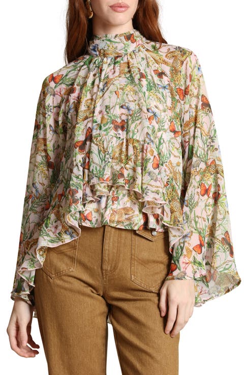 Mixed Print Tie Neck Long Sleeve Top