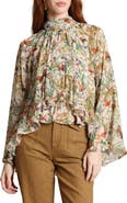 Avec Les Filles Mixed Print Tie Neck Long Sleeve Top