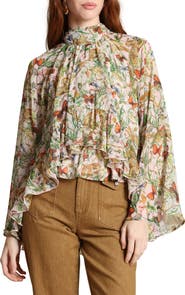 Avec Les Filles Mixed Print Tie Neck Long Sleeve Top