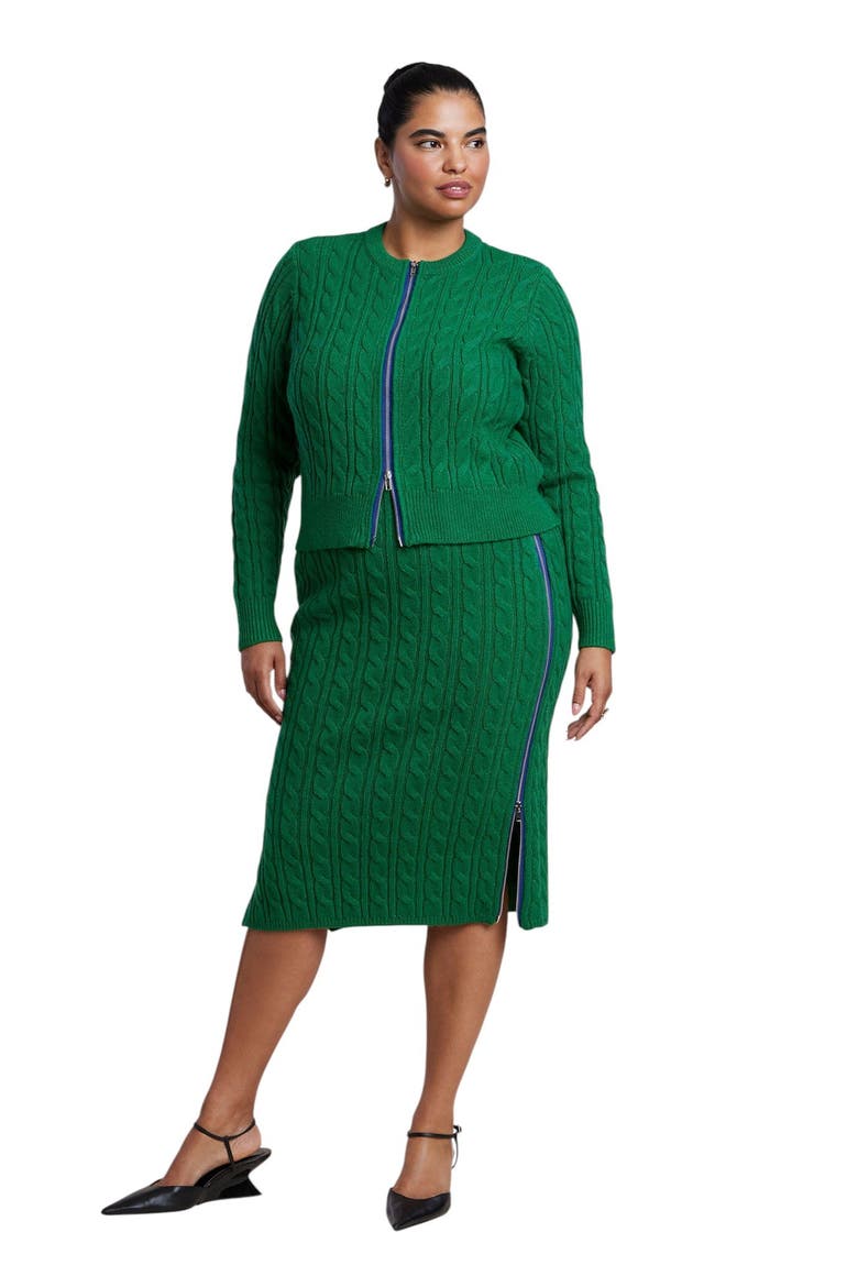 Contrast Zipper Cable Knit Cardigan, Alternate, color, VERDANT GREEN