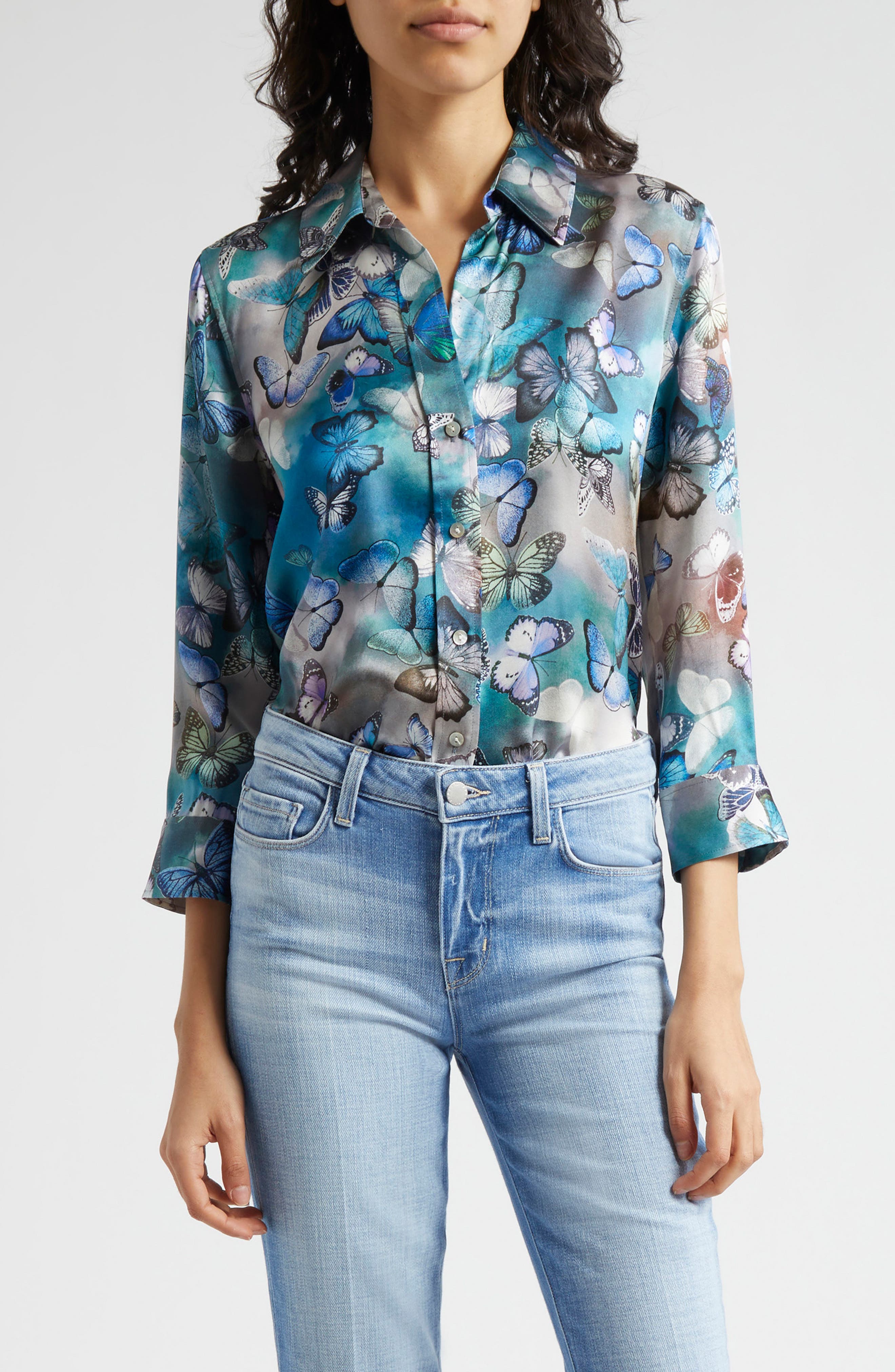 L'AGENCE Dani Butterfly Print Silk Button-Up Shirt (Women) | Nordstromrack