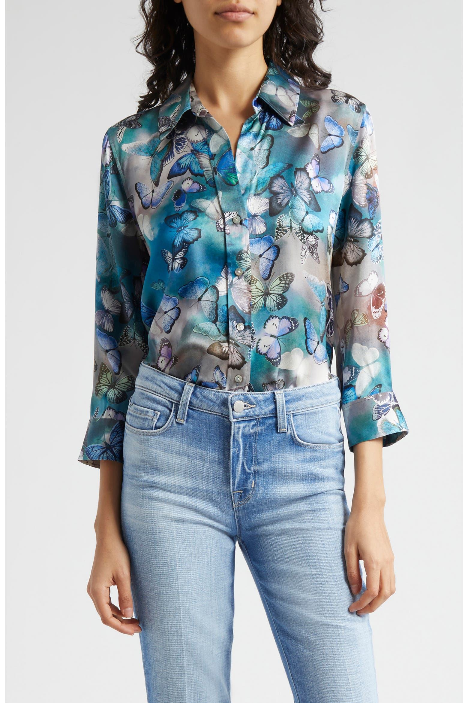 Butterfly Rint L'AGENCE Dani Butterfly Print Silk Button-Up Shirt (Women) | Nordstromrack