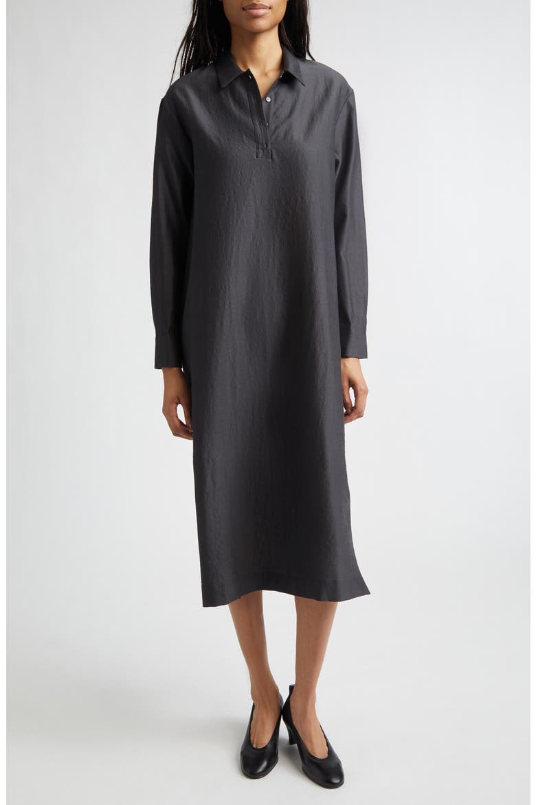 Espon Long Sleeve Wool & Silk Midi Shirtdress, Main, color, BLACK