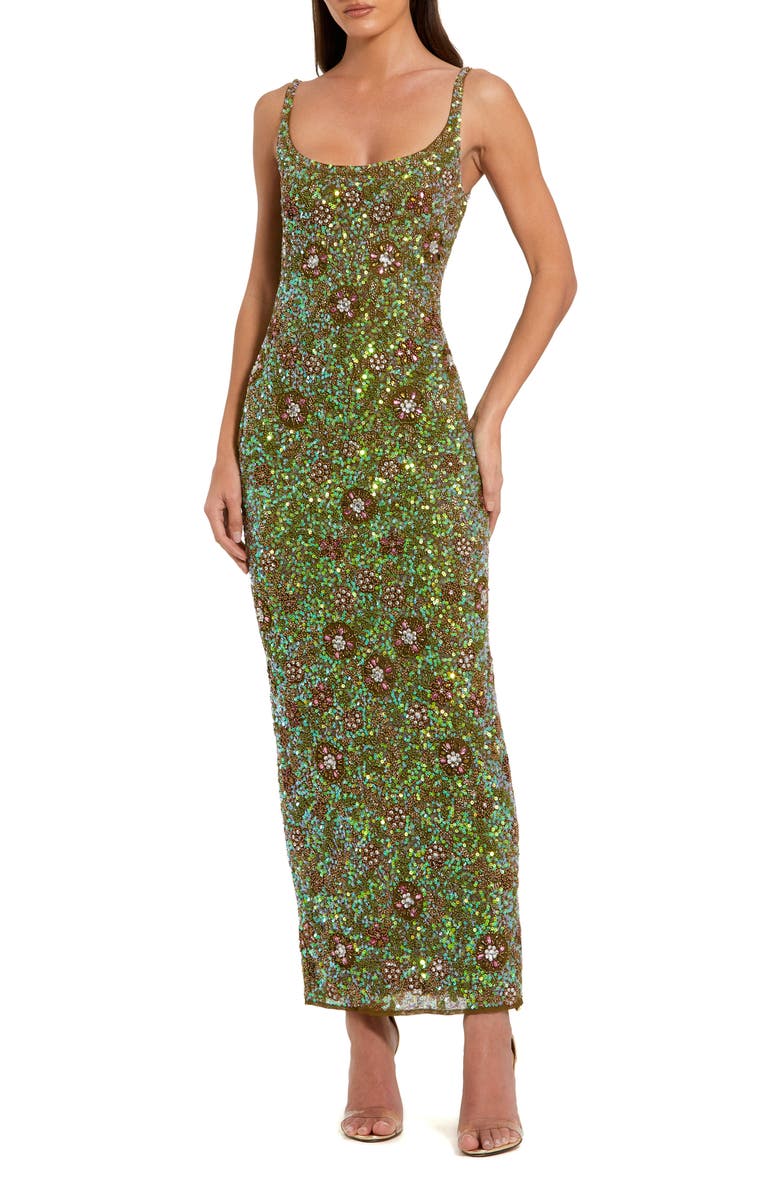 Mac Duggal Beaded Mesh Sleeveless Scoop Neck Ankle Dress, Main, color, Olive