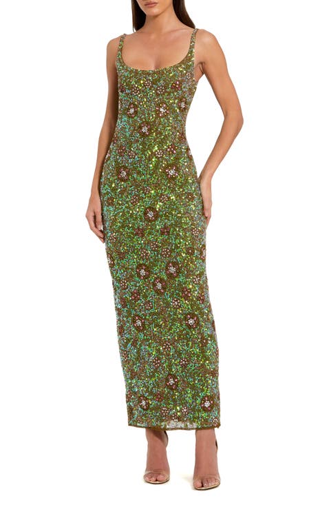 Beaded Mesh Sleeveless Scoop Neck Ankle Dress