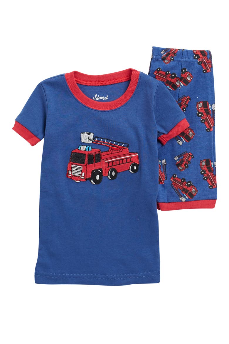 Kids Cotton Two-Piece Short Printed Pajamas, Vehicles & Adventure, Main, color, FIRE TRUCK