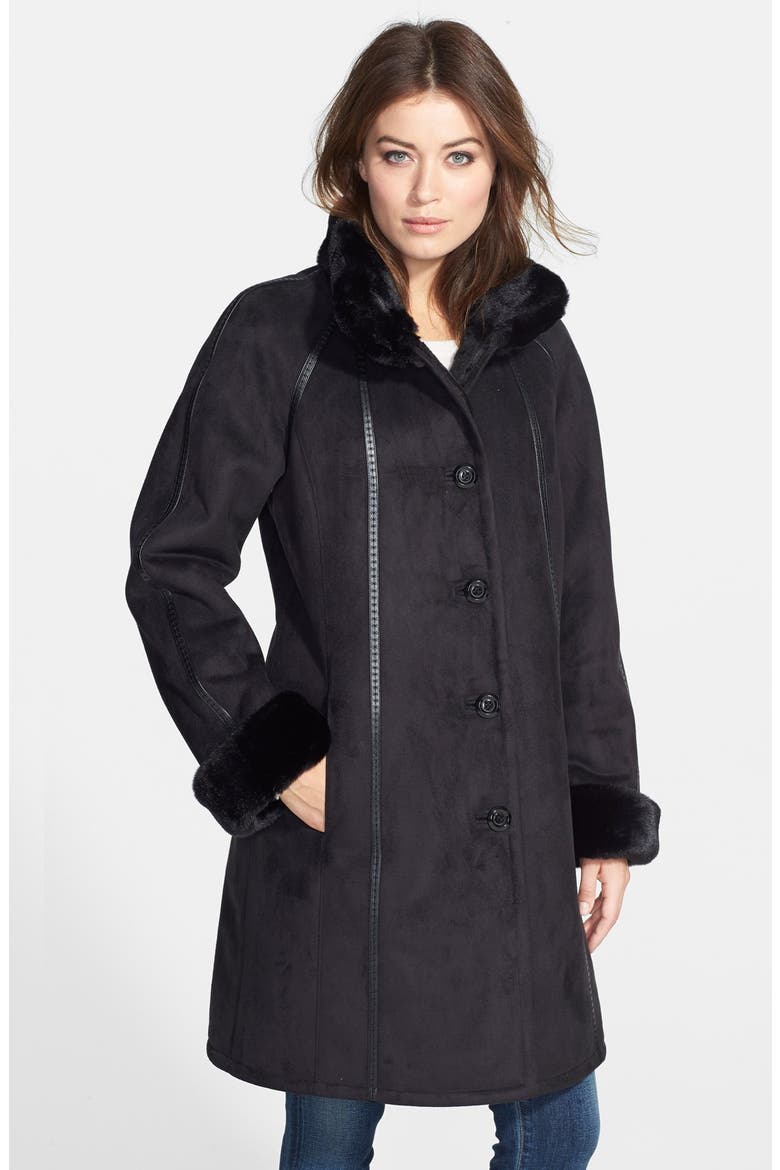 Long Faux Shearling Coat with Faux Fur Trim, Main, color, BLACK