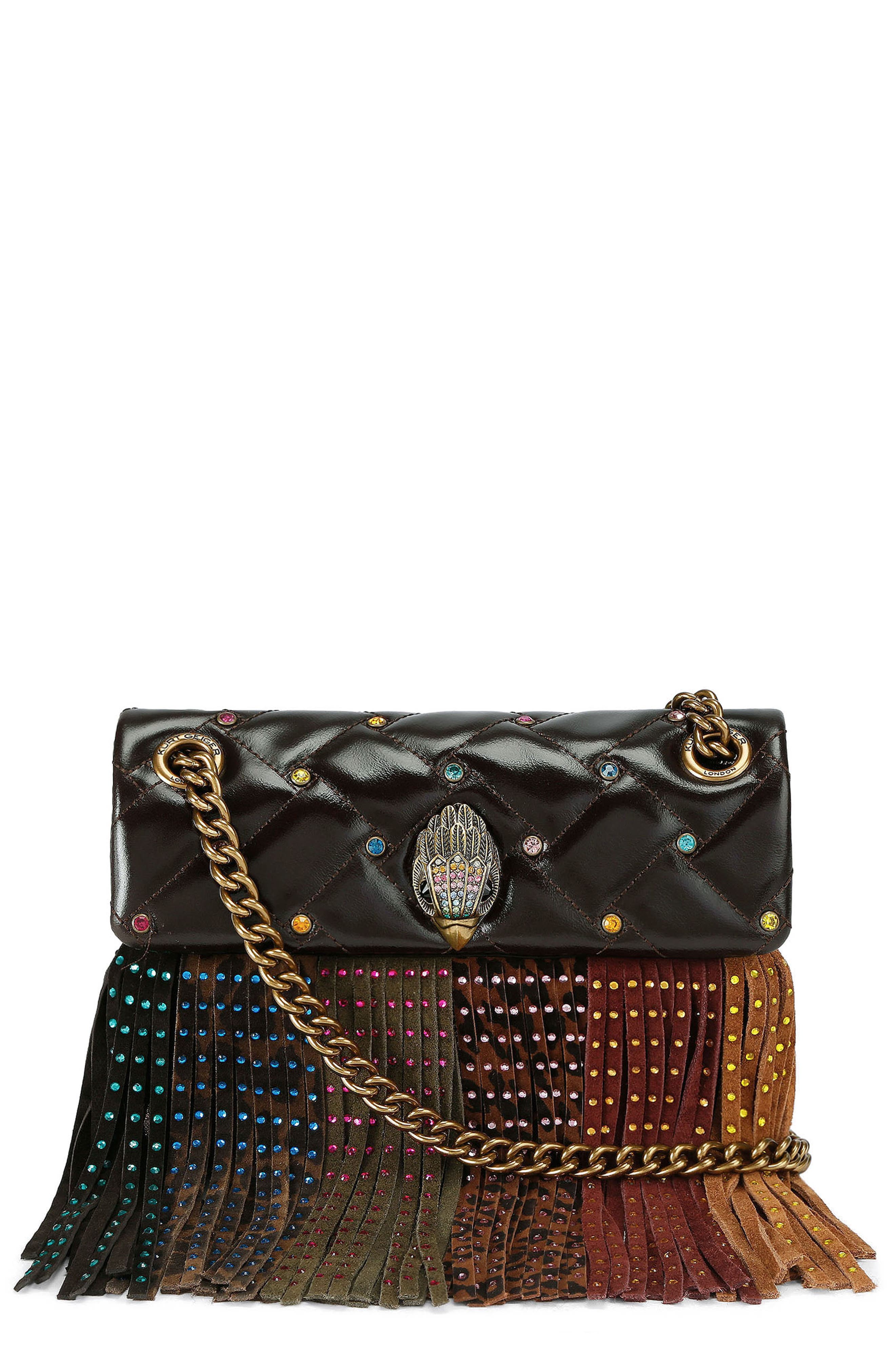 Kurt Geiger London Mini Kensington Fringe Convertible Crossbody Bag, Main, color, Open Brown