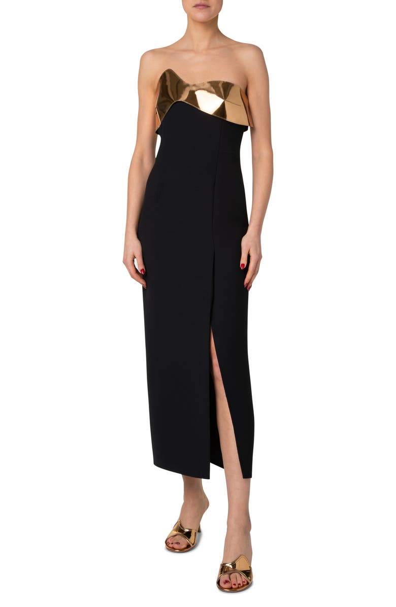 Akris Metallic Leather Strapless Neckline Wool Double Face Midi Cocktail Dress, Main, color, 
