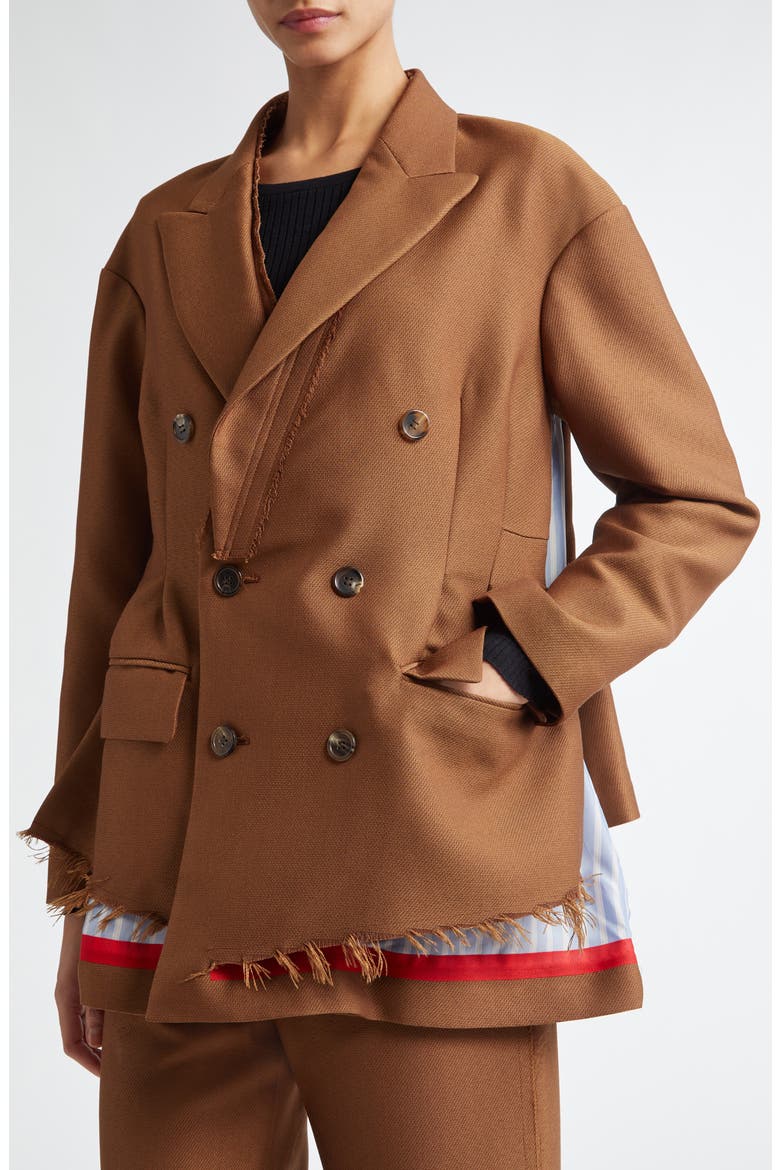 Spliced Mixed Media Double Breasted Blazer, Alternate, color, BROWN