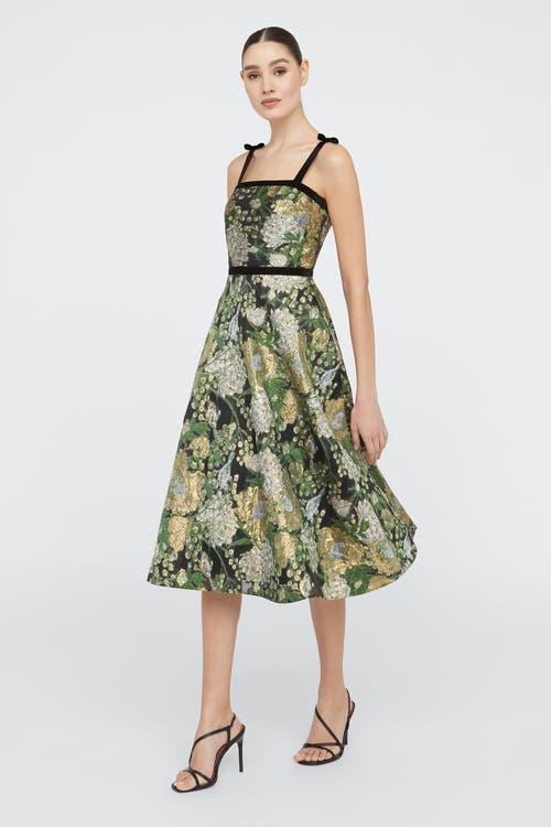 Theia Joni Velvet Bow Strap Midi Dress In Black Gold In Green