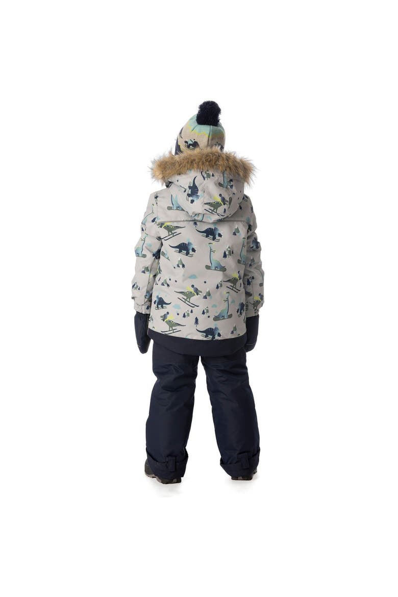 Skiing Dinosaur Discover Fleece Jacket Snow Pants Two Piece Snowsuit, Alternate, color, Grey Skiing Dinosaurs Print