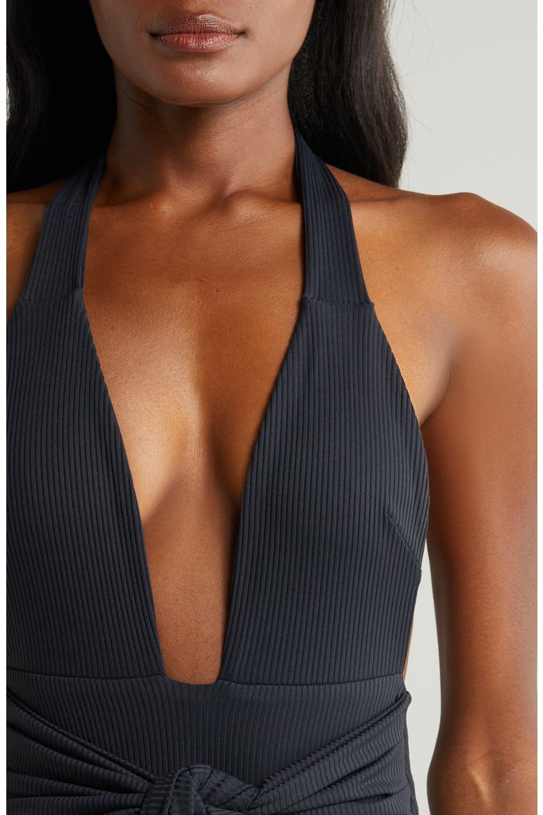 Tropez Tie Waist Halter One-Piece Swimsuit, Alternate, color, BLACK RIB