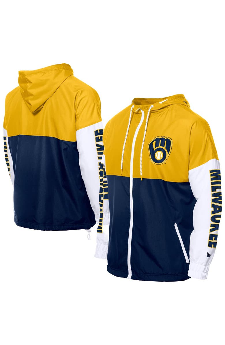 New Era Men's New Era  Navy/Gold Milwaukee Brewers Color Block Full-Zip Hoodie Windbreaker, Alternate, color, 