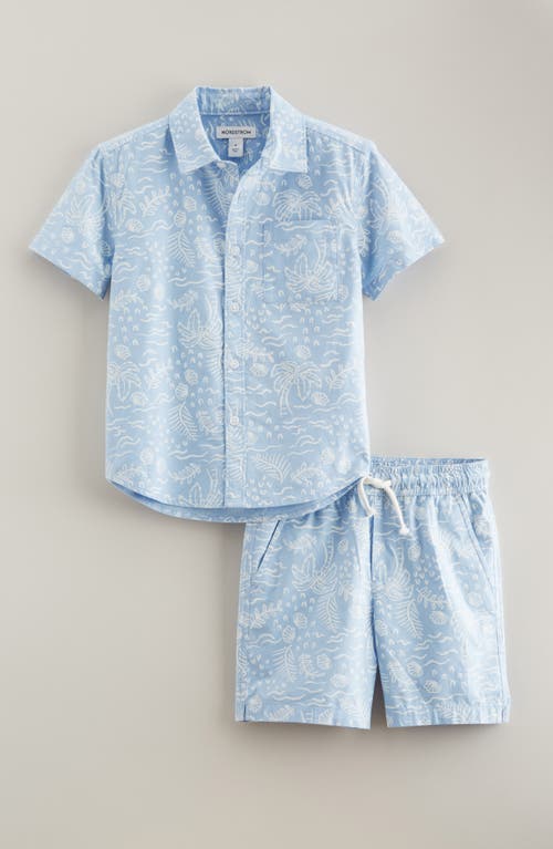 NORDSTROM NORDSTROM KIDS' TROPICAL PRINT SHORT SLEEVE COTTON BLEND BUTTON-UP SHIRT & DRAWSTRING SHORTS SET