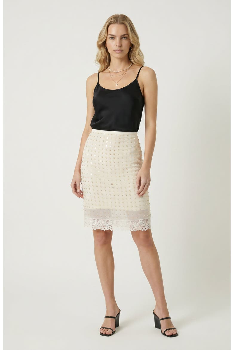 Embellished Sequin Lace Hem Mini Skirt, Alternate, color, Beige
