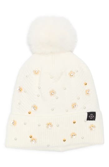 Nanette Lepore Scattered Embellished Faux Fur Pompom Beanie In Neutral