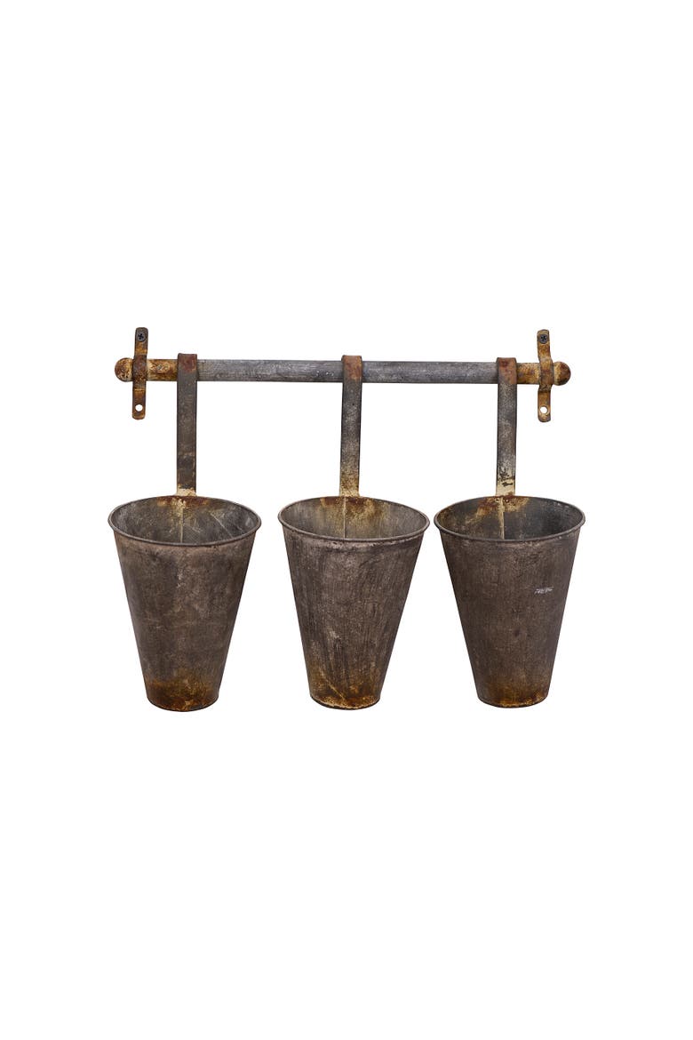 Antiqued Metal Wall Rack with 3 Hanging Cone Pots, Grey, Main, color, Grey