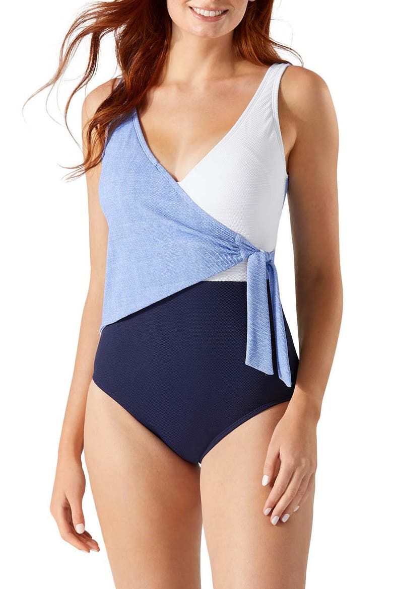 Colorblock Scoop Back One-Piece Swimsuit, Main, color, BLUE MONDAY HEATHER