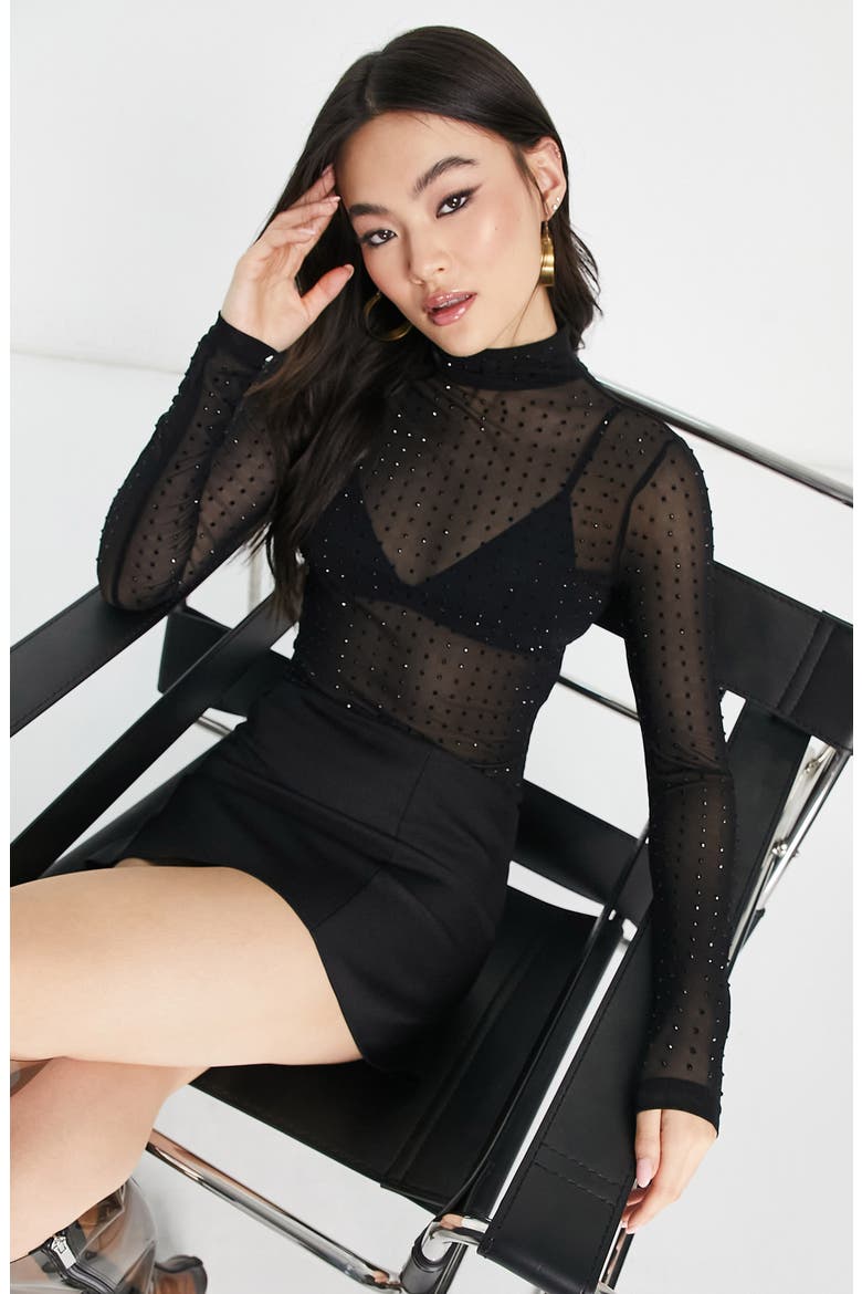 Hotfix Mesh Long Sleeve Bodysuit, Alternate, color, BLACK