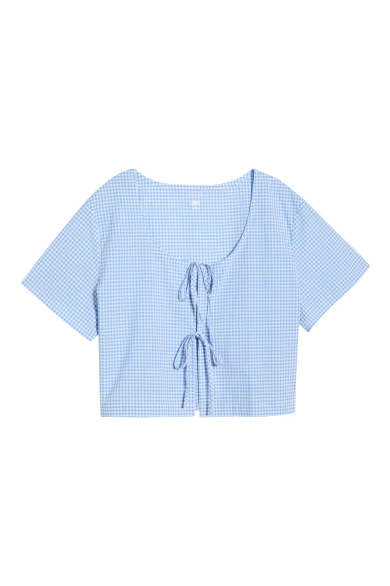 Gingham Tie Front Cotton Sleep Top, Alternate, color, MARKET CHECK