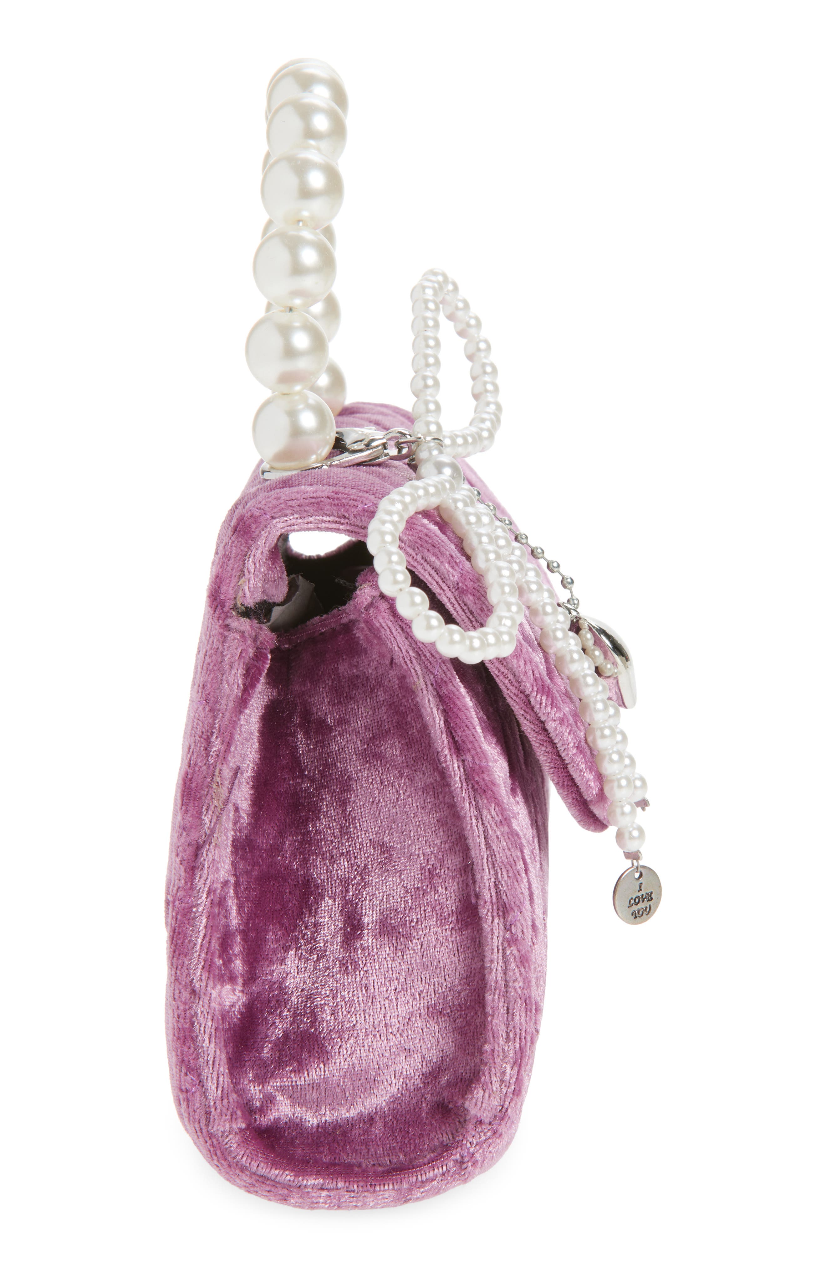 Piper & Jax Kids' Faux Pearl Bow Quilted Velvet Handbag, Alternate, color, Purple