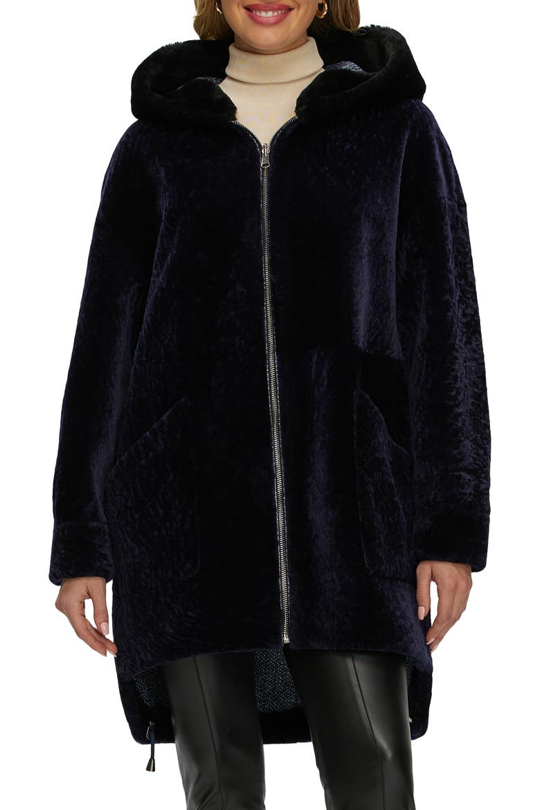 Genuine Shearling Hooded Long Coat, Reversible, Main, color, NAVY/BLUE
