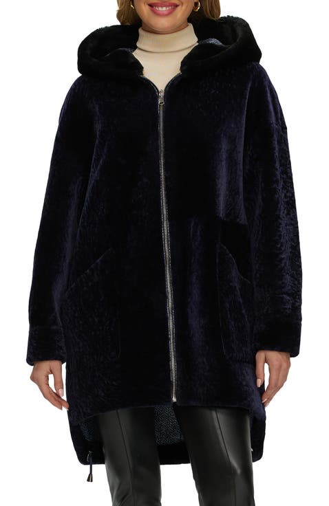 Genuine Shearling Hooded Long Coat, Reversible