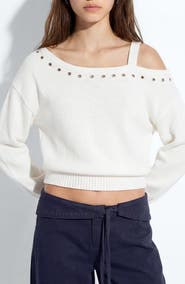 MANGO TEEN Asymmetrical Off the Shoulder Cotton Sweater