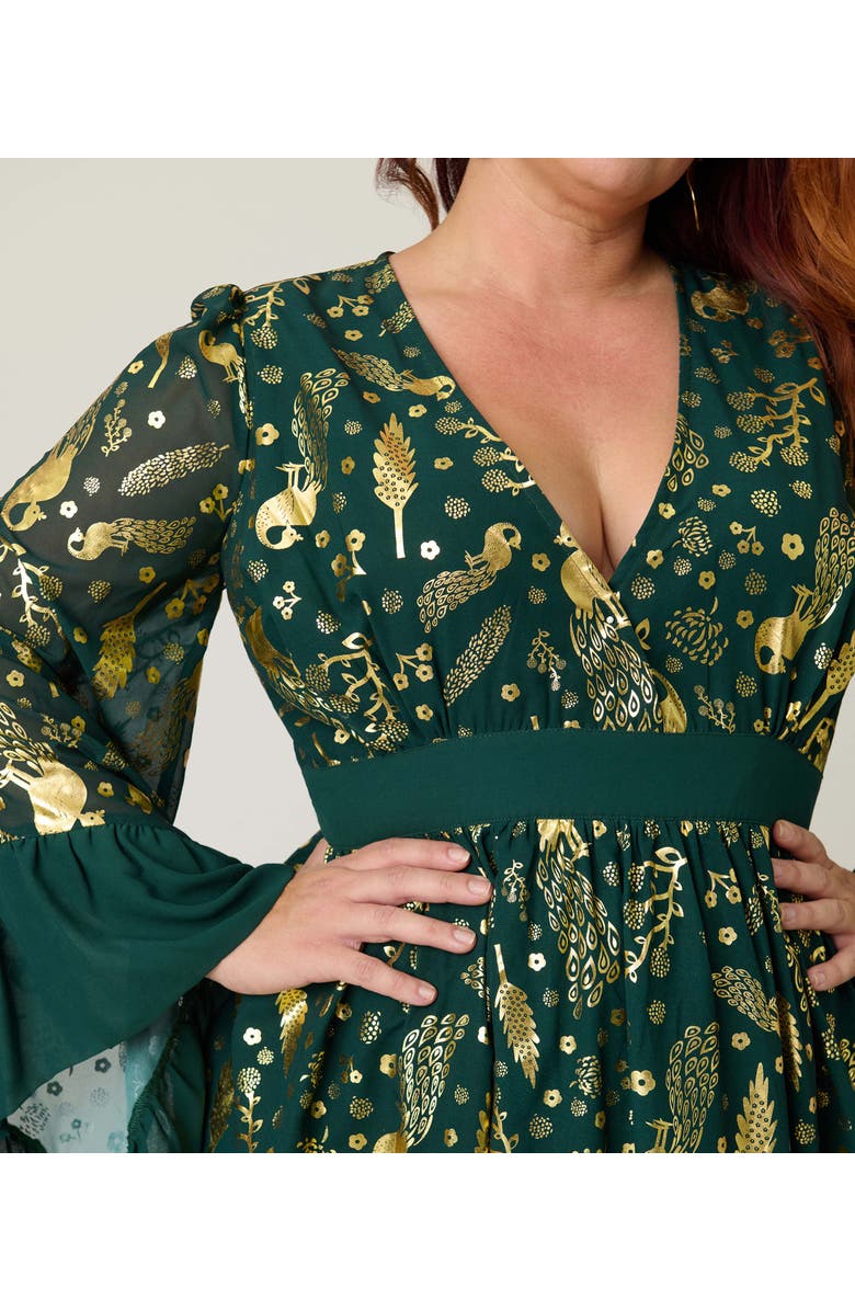 Unique Vintage Plus Size Long Sleeve Empire Waist Maxi Dress, Alternate, color, Green & Gold