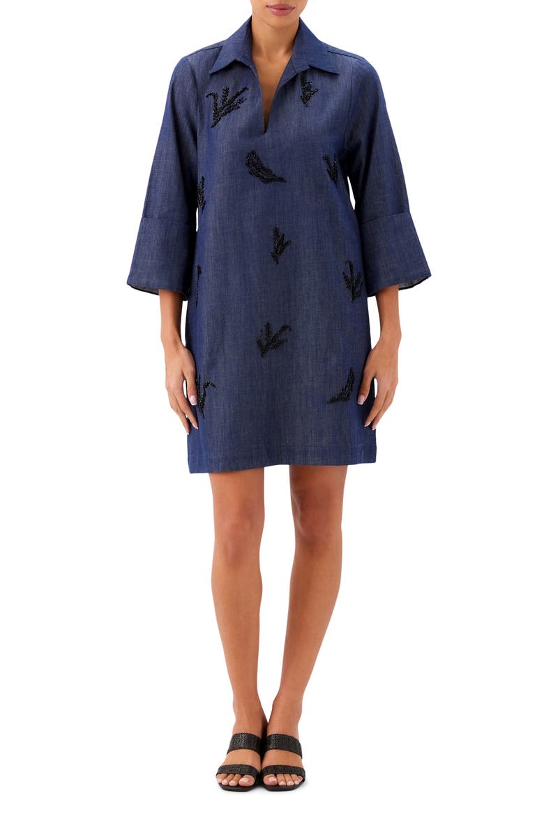 Karen Kane Cuffed Sleeve Embellished Shirtdress, Main, color, Indigo