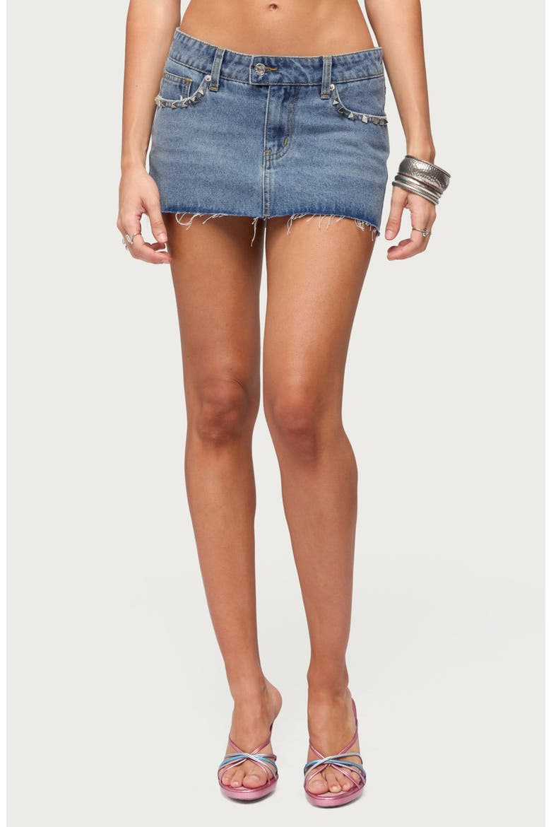 Avielle Studded Raw Hem Denim Miniskirt, Main, color, MEDIUM-BLUE-WASHED