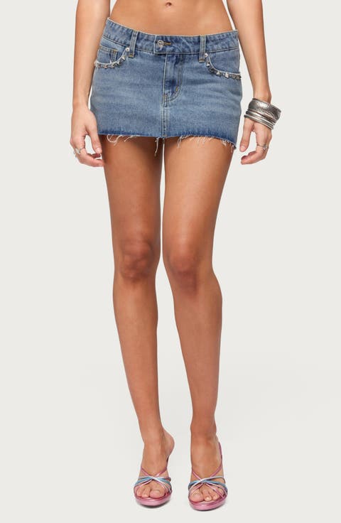Avielle Studded Raw Hem Denim Miniskirt