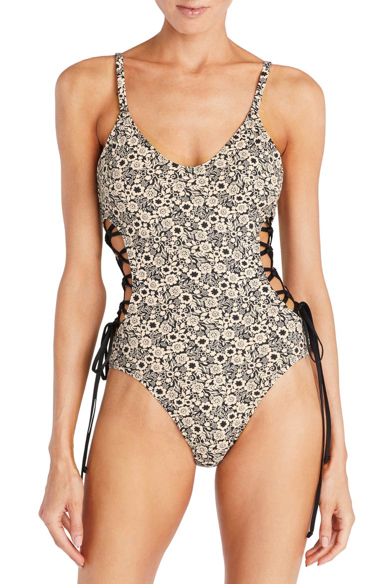 Aubrey Lace-Up One-Piece Swimsuit, Main, color, BLACK IVORY