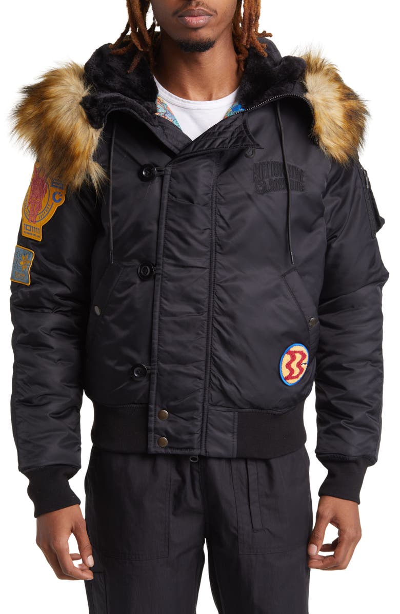 Billionaire Boys Club Eucalyptus Faux Fur Trim Graphic Hooded Bomber Jacket, Alternate, color, 