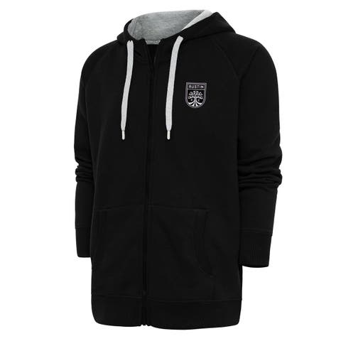 Men's Antigua Black Austin FC Brushed Metallic Logo Victory Full-Zip Hoodie