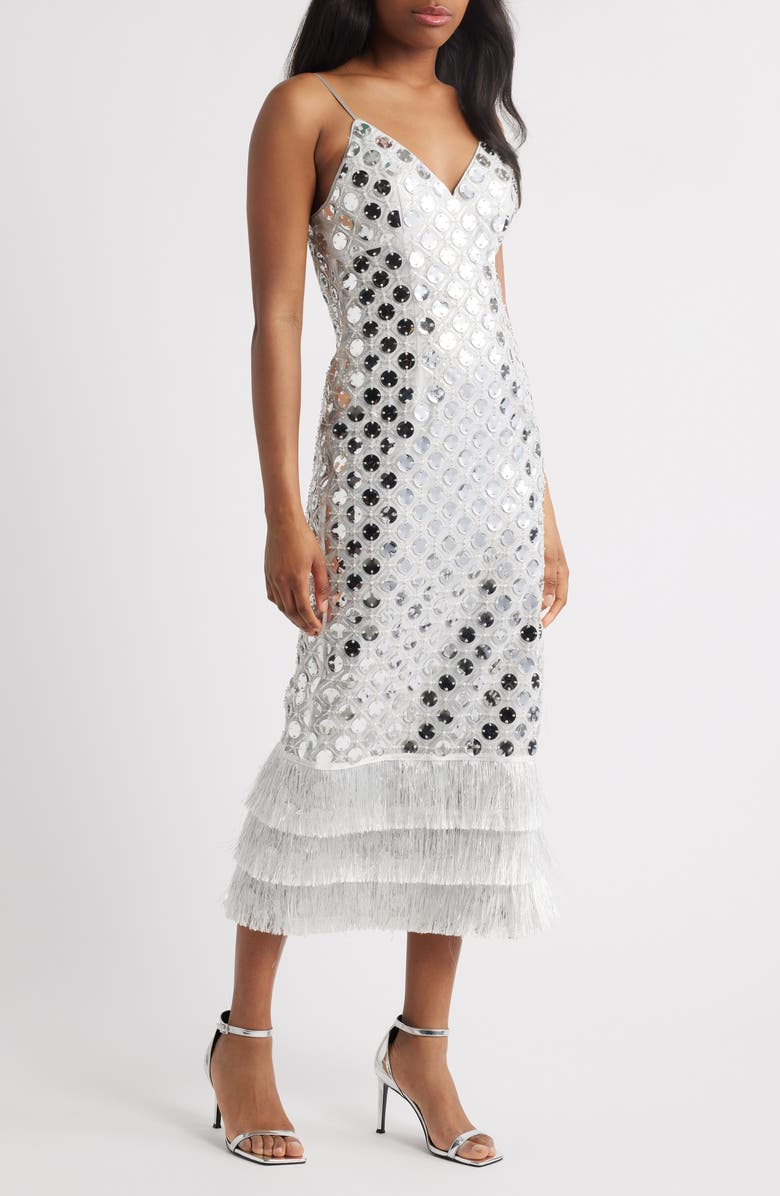 Saylor Suni Sequin Fringe Cocktail Dress, Main, color, Platinum