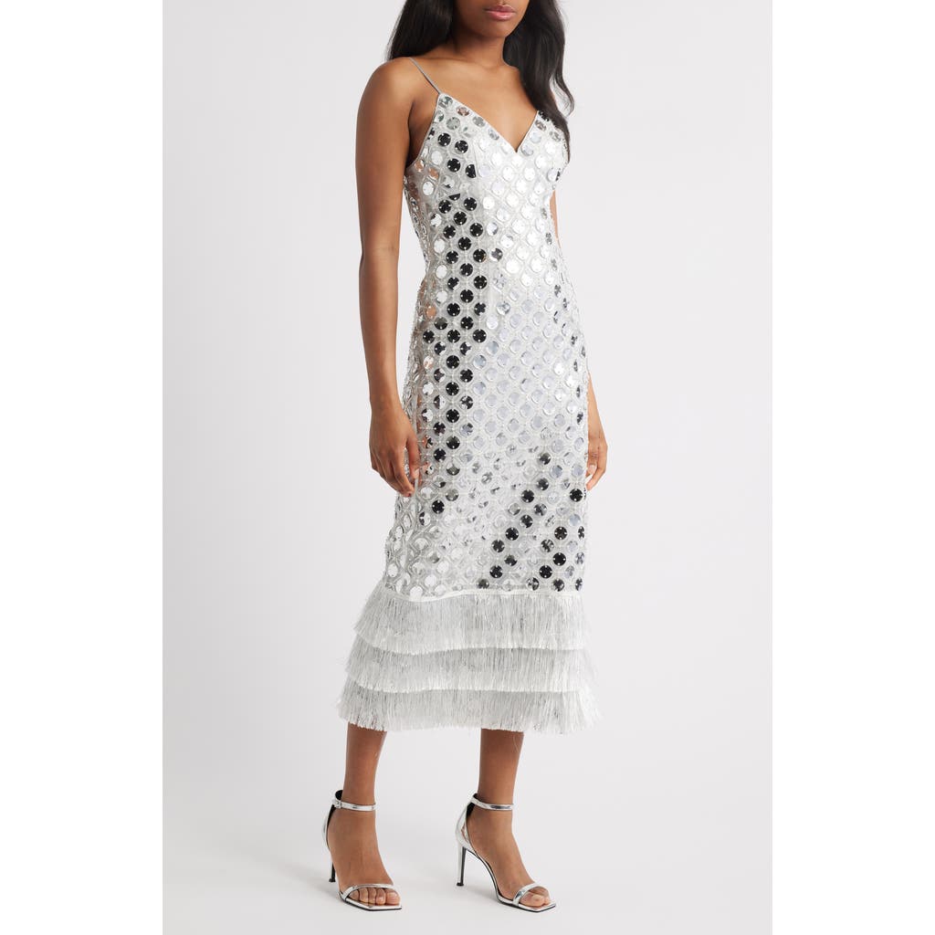 Saylor Suni Sequin Fringe Cocktail Dress In White
