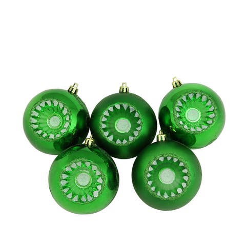 Shatterproof 2-Finish Retro Reflector Christmas Ball Ornaments - 3.25" (80mm) - Green - 5ct