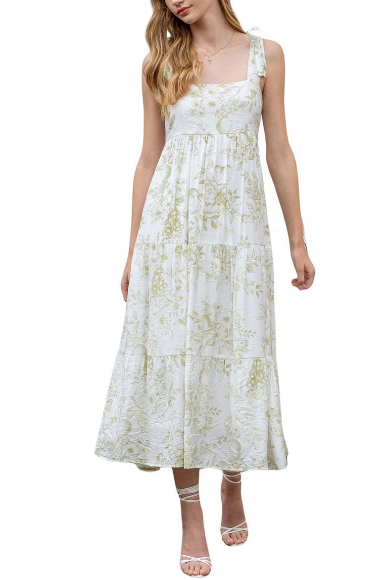 Fruit Blossom Tie Strap Tiered Midi Sundress, Main, color, OLIVE