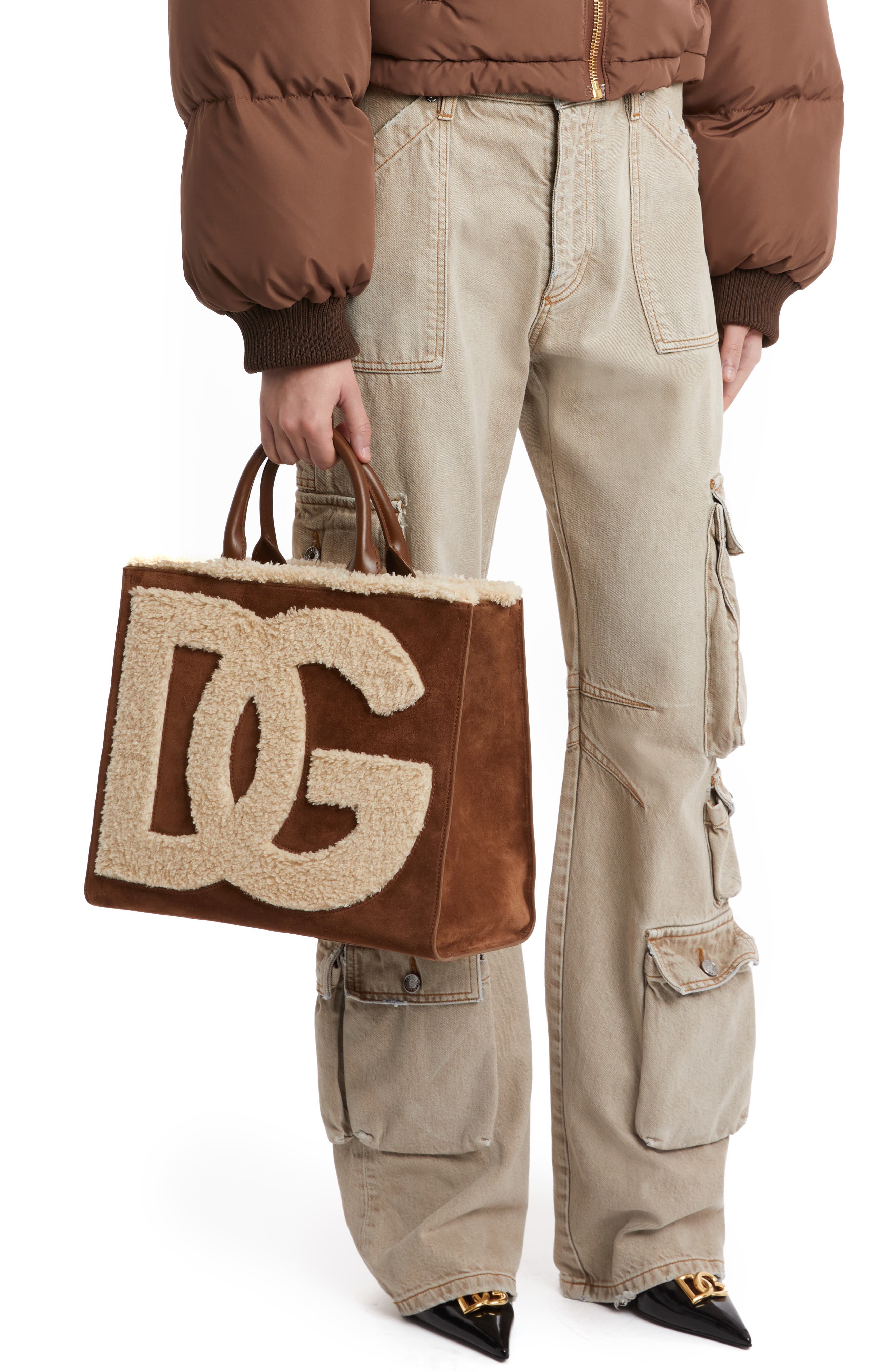 Dolce&Gabbana DG Logo Daily Suede & Faux Shearling Tote, Alternate, color, 