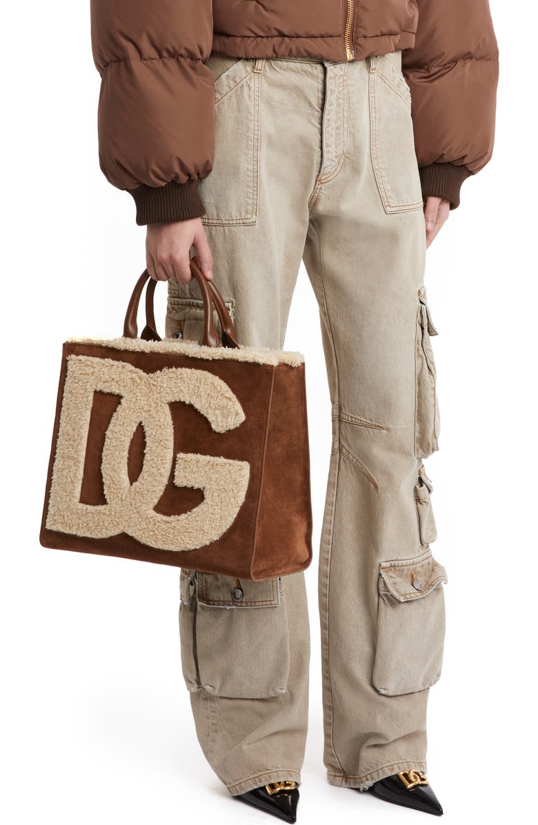 Dolce&Gabbana DG Logo Daily Suede & Faux Shearling Tote, Alternate, color,