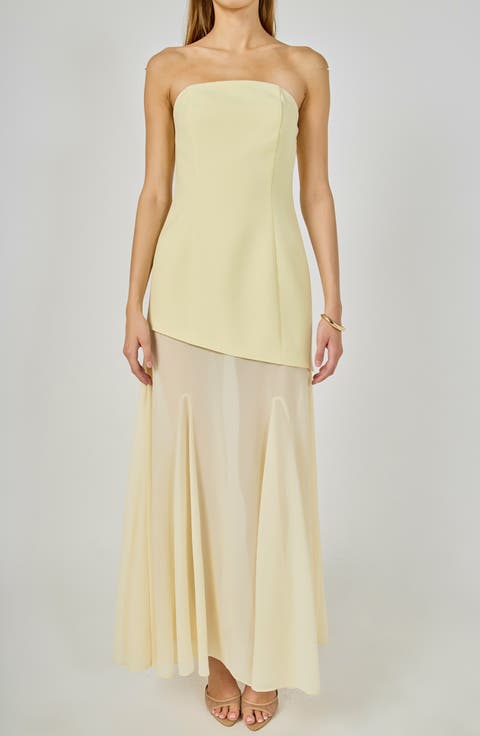 Strapless Combined Godet Maxi Dress