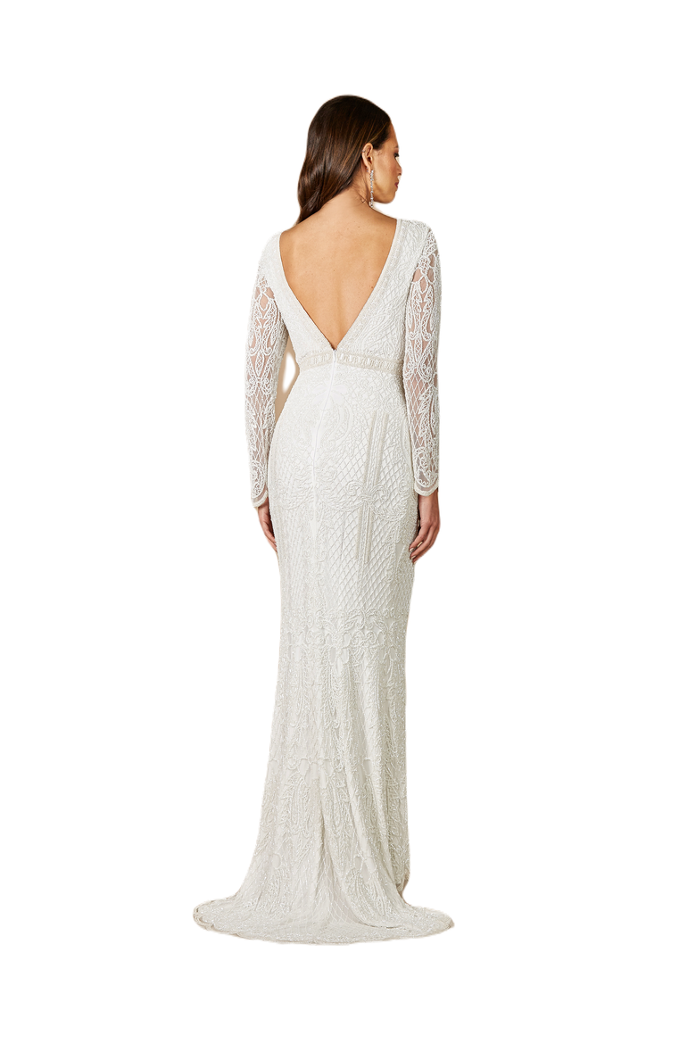 Flora Beaded Long Sleeve Wedding Gown, Alternate, color, Ivory